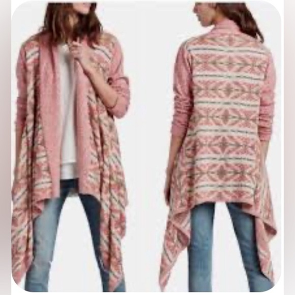 Lucky Brand Pink Aztec Knit Swing Waterfall Cardigan Open Blanket Size M - Picture 4 of 11